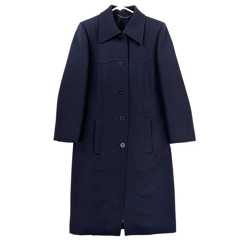 Celine Coat Womens 40 Blue Wool Twill Long Single Breasted Overcoat Made France